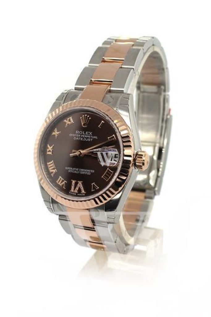 Rolex Datejust 31 Chocolate Roman Large Vi Set With Diamond Dial Fluted Bezel 18K Rose Gold Two Tone