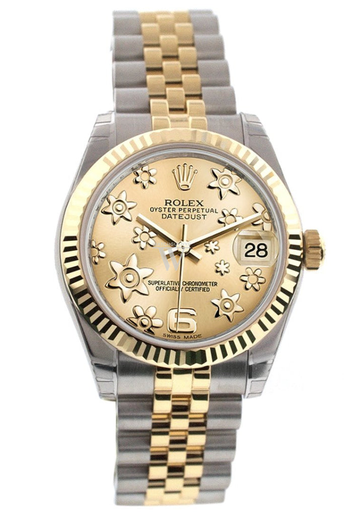 Rolex Datejust 31 Champagne Floral Motif Roman Dial Fluted Bezel 18K Gold Two Tone Jubilee Ladies