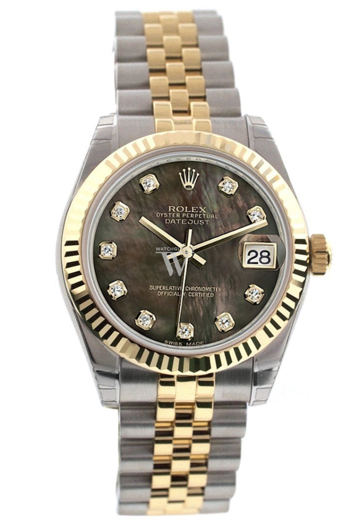 Rolex Datejust 31 Black Mother Of Pearl Diamonds Dial Fluted Bezel 18K Gold Two Tone Jubilee Ladies