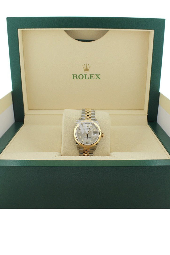 Rolex Datejust 28 Silver Diamond Dial Fluted Yellow Gold Two Tone Jubilee Ladies Watch 279173