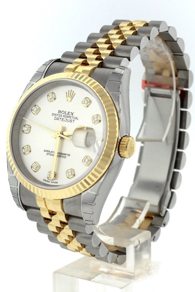 Rolex Datejust 36 Silver Diamond Dial Fluted 18K Gold Two Tone Jubilee Watch 116233