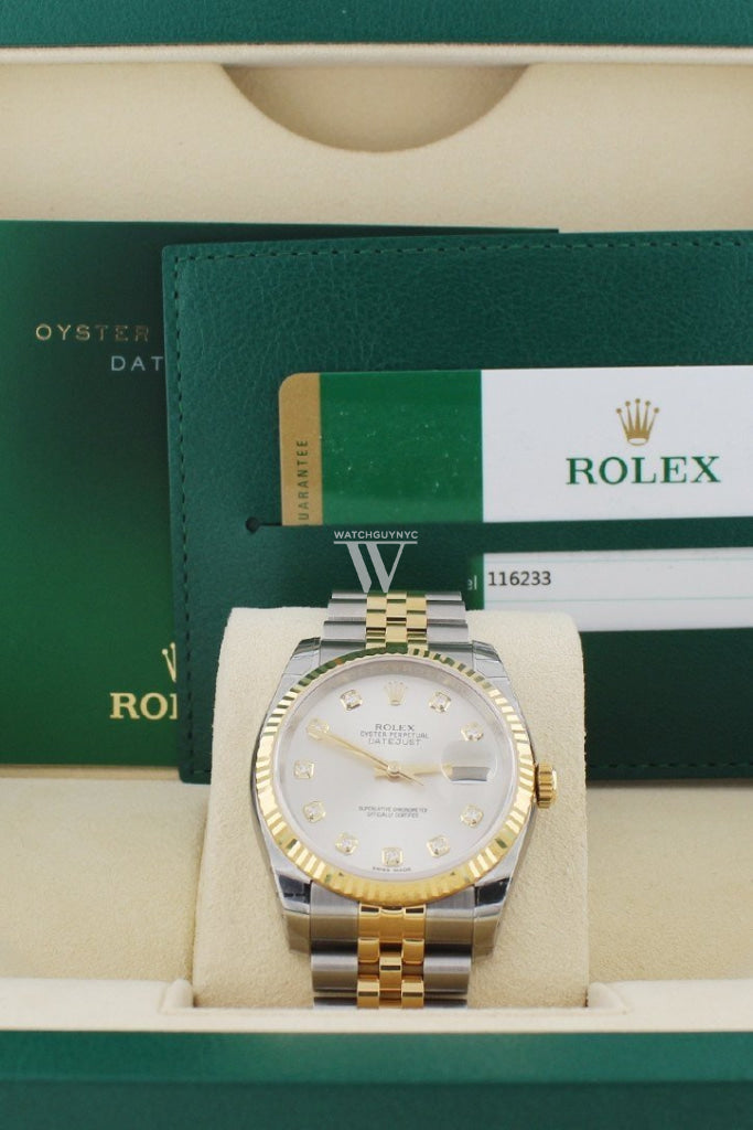 Rolex Datejust 36 Silver Diamond Dial Fluted 18K Gold Two Tone Jubilee Watch 116233