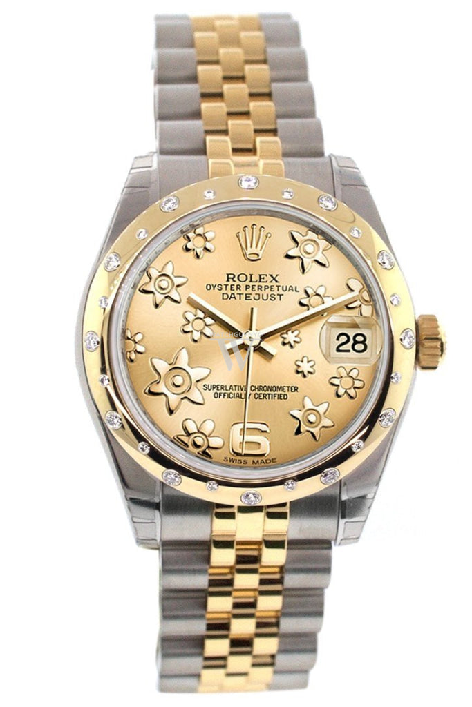 Rolex Datejust 31 Champagne Floral Motif Roman Dial Diamond Bezel 18K Gold Two Tone Jubilee Ladies
