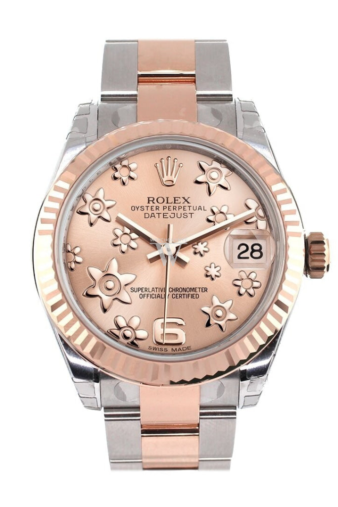 Rolex Datejust 31 Pink Raised Floral Motif Dial Fluted Bezel 18K Rose Gold Two Tone Ladies Watch