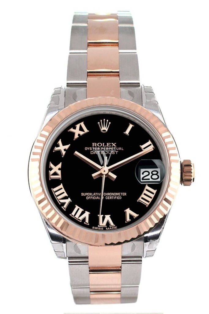 Rolex Datejust 31 Black Roman Dial Fluted Bezel 18K Rose Gold Two Tone Ladies Watch 178271