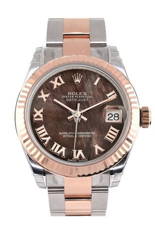 Rolex Datejust 31 Black Mother Of Pearl Roman Dial Fluted Bezel 18K Rose Gold Two Tone Ladies Watch