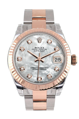 Rolex Datejust 31 White Mother Of Pearl Diamond Dial Fluted Bezel 18K Rose Gold Two Tone Ladies