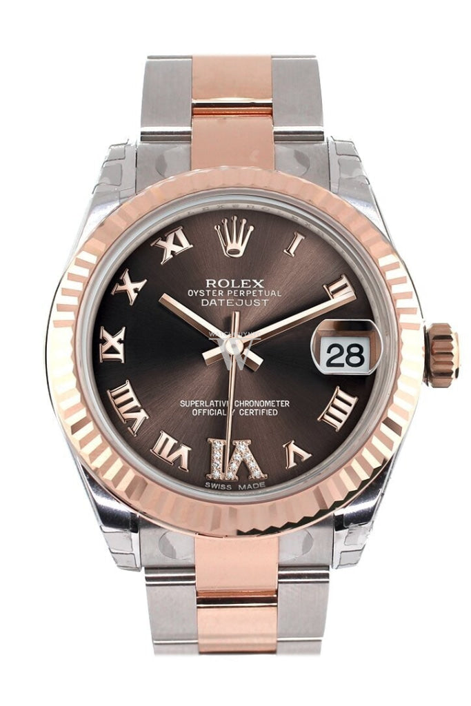 Rolex Datejust 31 Chocolate Roman Large Vi Set With Diamond Dial Fluted Bezel 18K Rose Gold Two Tone