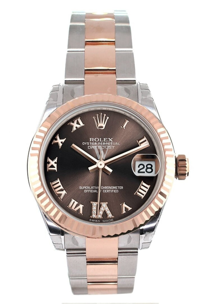 Rolex Datejust 31 Chocolate Roman Large Vi Set With Diamond Dial Fluted Bezel 18K Rose Gold Two Tone