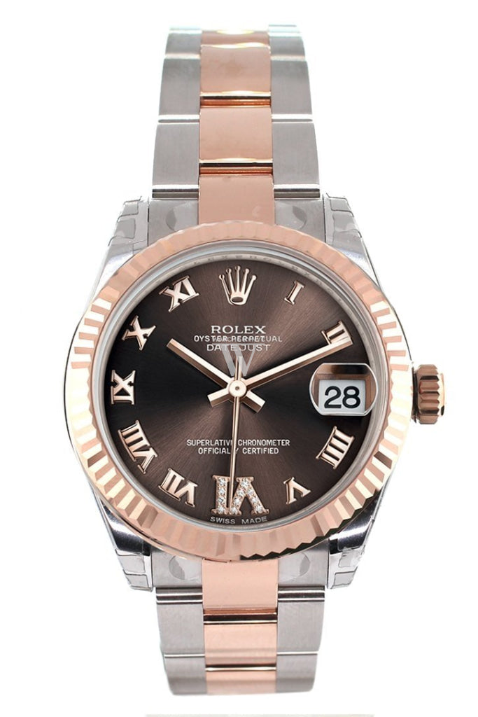 Rolex Datejust 31 Chocolate Roman Large Vi Set With Diamond Dial Fluted Bezel 18K Rose Gold Two Tone