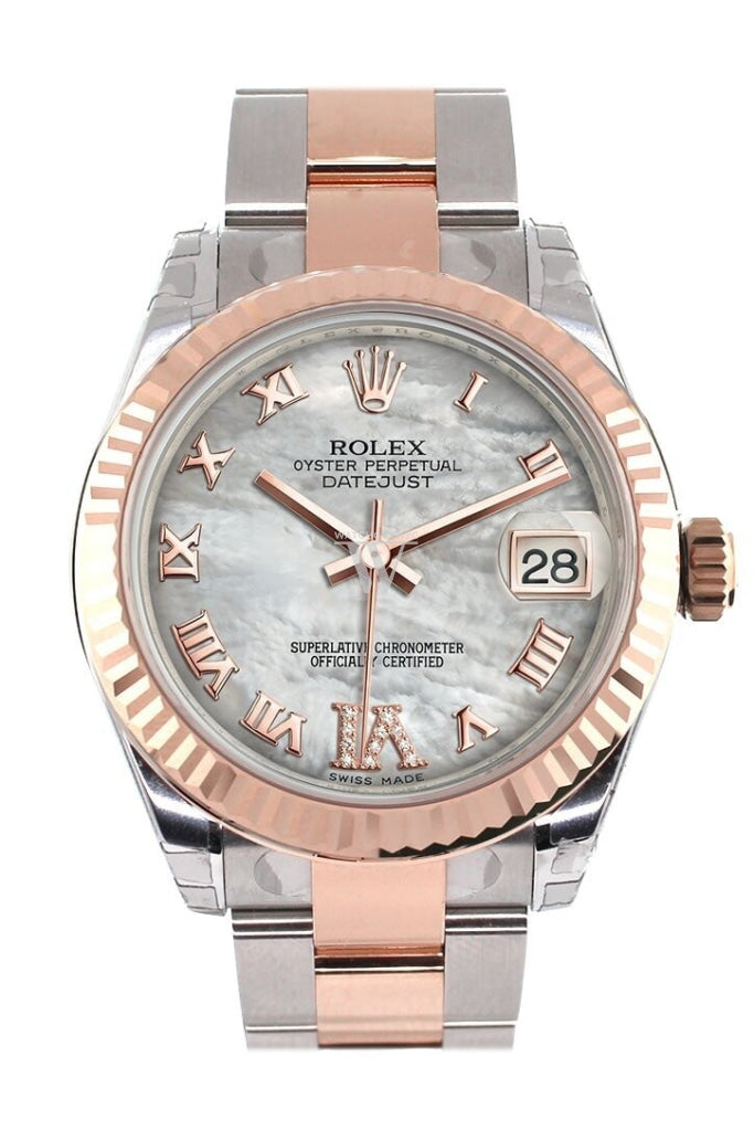 Rolex Datejust 31 White Mother Of Pearl Roman Large Vi Set With Diamond Dial Fluted Bezel 18K Rose