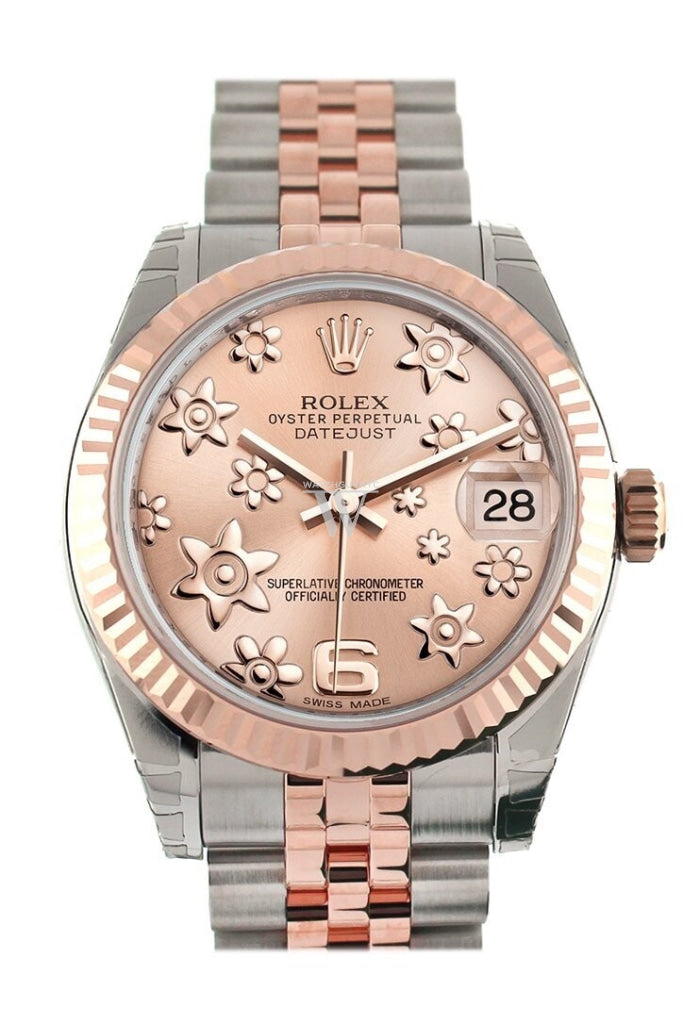 Rolex Datejust 31 Pink Raised Floral Motif Dial Fluted Bezel 18K Rose Gold Two Tone Jubilee Ladies
