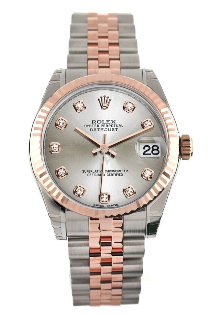 Rolex Datejust 31 Silver Diamond Dial Fluted Bezel 18K Rose Gold Two Tone Jubilee Ladies Watch