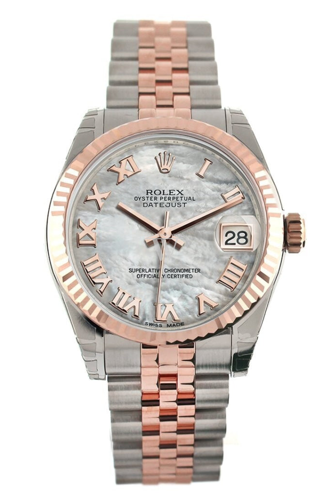 Rolex Datejust 31 White Mother Of Pearl Roman Dial Fluted Bezel 18K Rose Gold Two Tone Jubilee