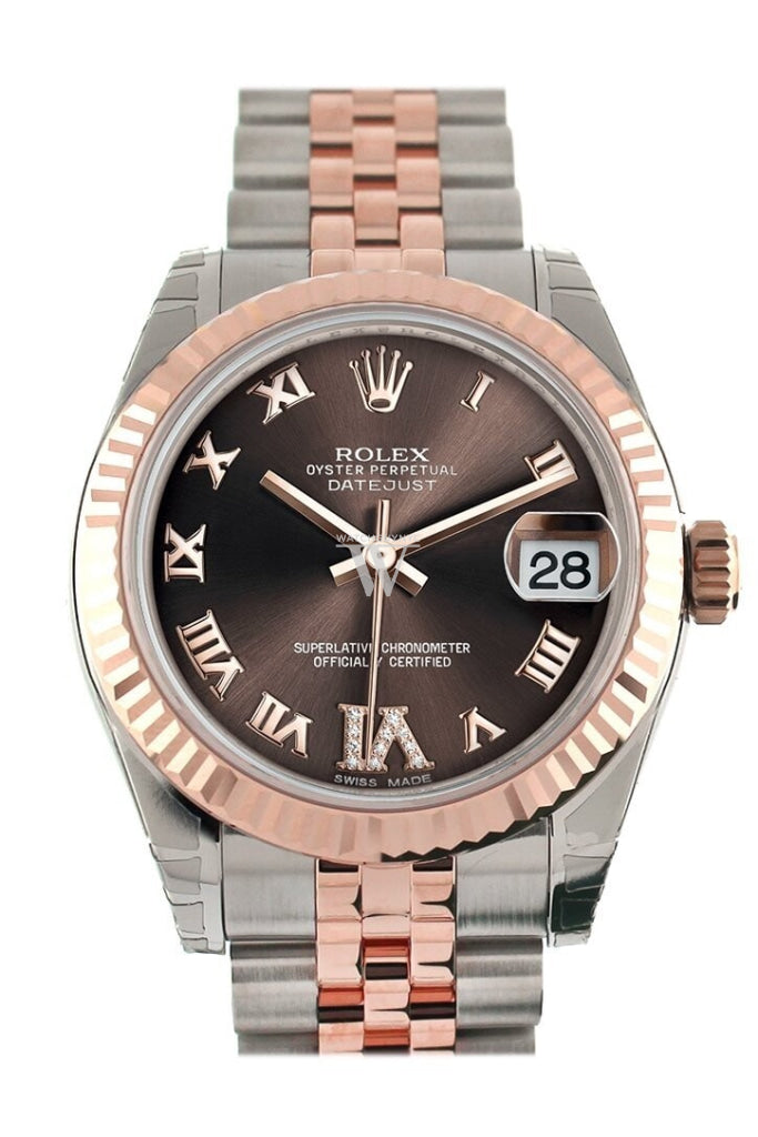 Rolex Datejust 31 Chocolate Roman Large Vi Set With Diamond Dial Fluted Bezel 18K Rose Gold Two Tone