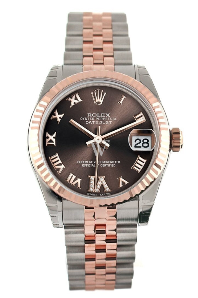 Rolex Datejust 31 Chocolate Roman Large Vi Set With Diamond Dial Fluted Bezel 18K Rose Gold Two Tone