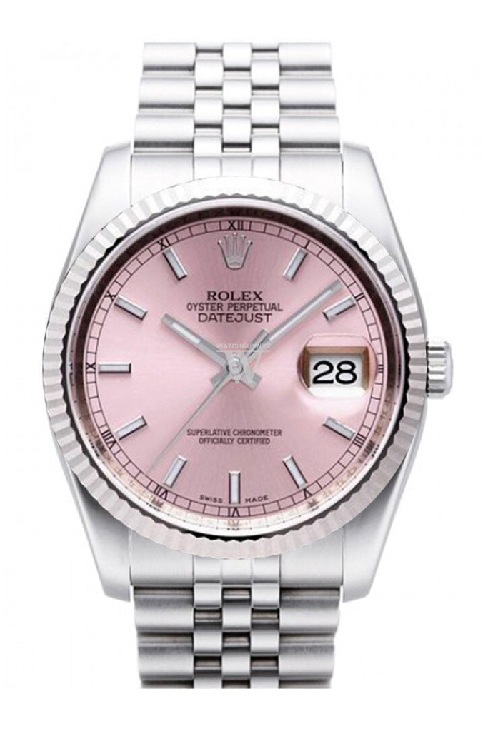 Rolex Datejust 36 Pink Dial 18K White Gold Fluted Bezel Stainless Steel Jubilee Watch 116234