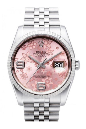 Rolex Datejust 36 Pink Floral Dial 18K White Gold Fluted Bezel Stainless Steel Jubilee Watch 116234