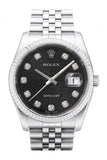 Rolex Datejust 36 Black Jubilee Diamonds Dial 18k White Gold Fluted Bezel Stainless Steel Jubilee Watch 116234