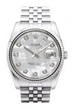 Rolex Datejust 36 Mother of Pearl Diamond Dial 18k White Gold Fluted Bezel Stainless Steel Jubilee Watch 116234