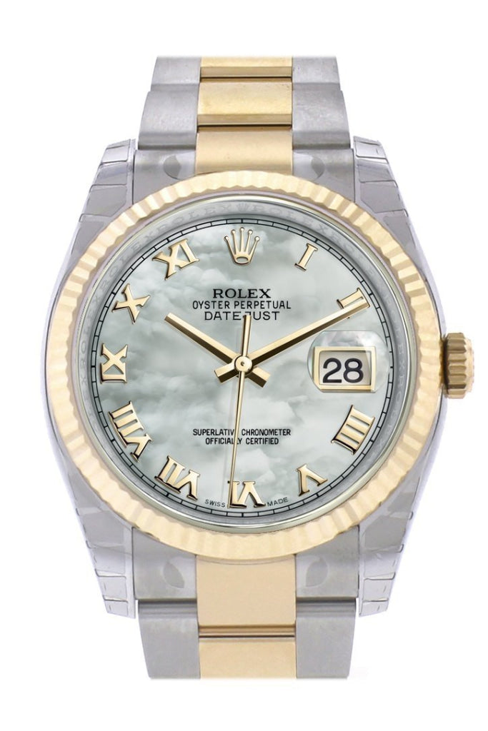 Rolex Datejust 36 White Mother-Of-Pearl Roman Dial Fluted 18K Gold Two Tone Oyster Watch 116233