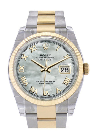 Rolex Datejust 36 White Mother-Of-Pearl Roman Dial Fluted 18K Gold Two Tone Oyster Watch 116233
