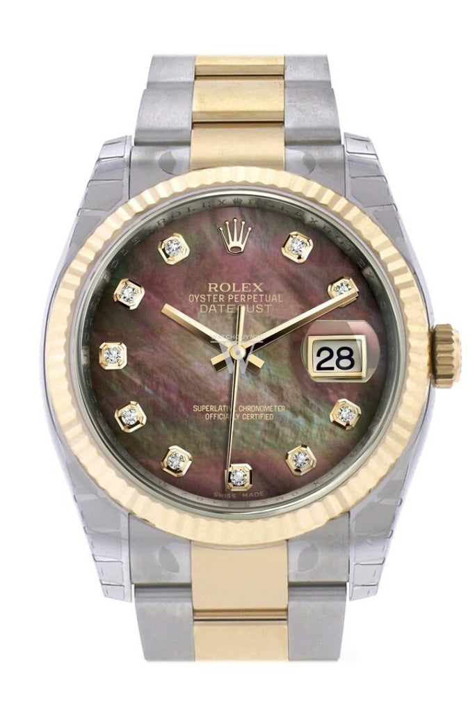 Rolex Datejust 36 Black Mother-Of-Pearl Diamond Dial Fluted 18K Gold Two Tone Oyster Watch 116233