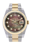 Rolex Datejust 36 Black mother-of-pearl Diamond Dial Fluted 18K Gold Two Tone Oyster Watch 116233