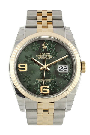 Rolex Datejust 36 Green Floral Motif Dial Fluted 18K Gold Two Tone Jubilee Watch 116233
