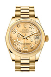 Rolex Datejust 31 Champagne Floral Motif Dial 18K Yellow Gold President Ladies Watch 178248