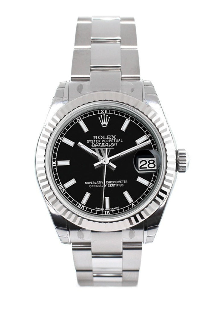 Rolex Datejust 31 Black Dial White Gold Fluted Bezel Ladies Watch 178274