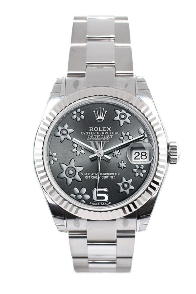 Rolex Datejust 31 Dark Rhodium Raised Floral Motif Dial White Gold Fluted Bezel Ladies Watch 178274