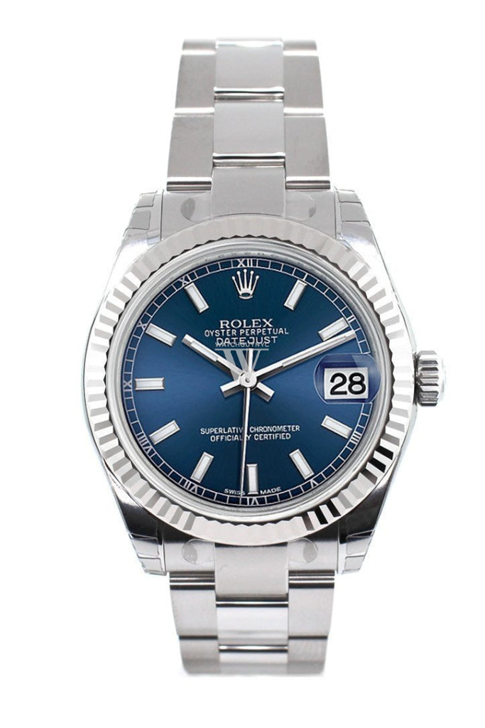 Rolex Datejust 31 Blue Dial White Gold Fluted Bezel Ladies Watch 178274