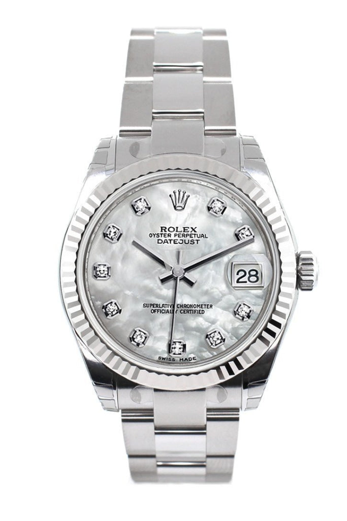Rolex Datejust 31 White Mother Of Pearl Set Diamonds Dial Gold Fluted Bezel Ladies Watch 178274