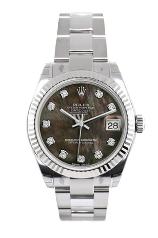 Rolex Datejust 31 Black Mother Of Pearl Set Diamonds Dial White Gold Fluted Bezel Ladies Watch