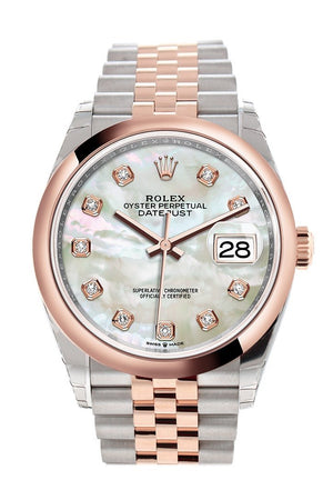 Rolex Datejust 36 White Mother-Of-Pearl Set With Diamonds Dial Dome Rose Gold Two Tone Jubileewatch