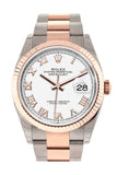 Rolex Datejust 36 White Roman Dial Fluted Rose Gold Two Tone Watch 126231 NP