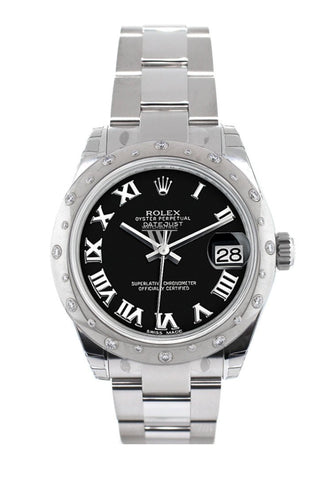 Rolex Datejust 31 Black Roman Dial Dome Set With Diamonds Bezel Ladies Watch 178344