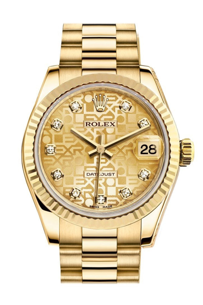 Rolex Datejust 31 Champagne Jubilee Diamond Dial Fluted Bezel 18K Yellow Gold President Ladies Watch