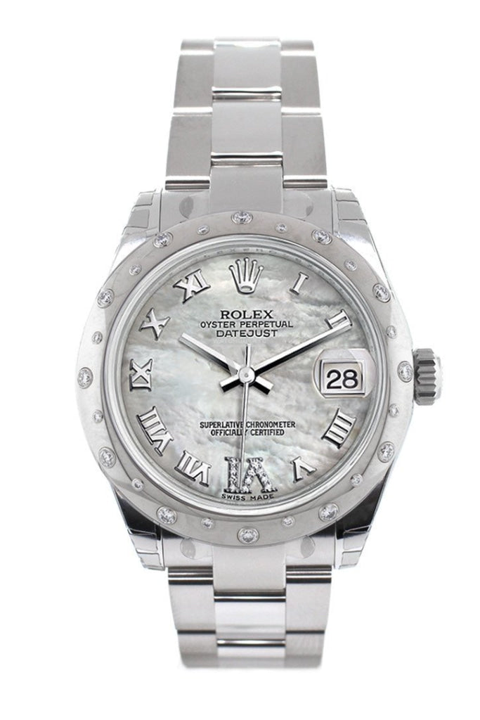 Rolex Datejust 31 White Mother Of Pearl Roman Large Vi Diamond Dial Dome Set With Diamonds Bezel