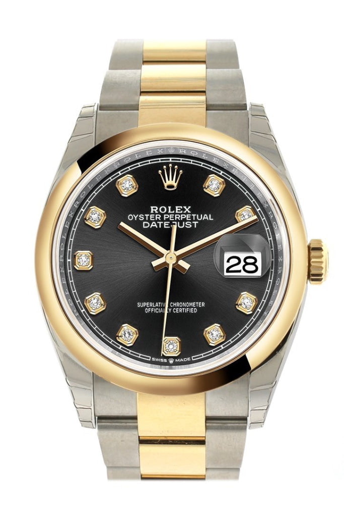 Rolex Datejust 36 Black Set With Diamonds Dial Dome Bezel Oyster Yellow Gold Two Tone Watch 126203