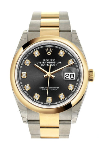 Rolex Datejust 36 Black Set With Diamonds Dial Dome Bezel Oyster Yellow Gold Two Tone Watch 126203