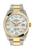 Rolex Datejust 36 White mother-of-pearl Diamonds Dial Dome Bezel Oyster Yellow Gold Two Tone Watch 126203 NP