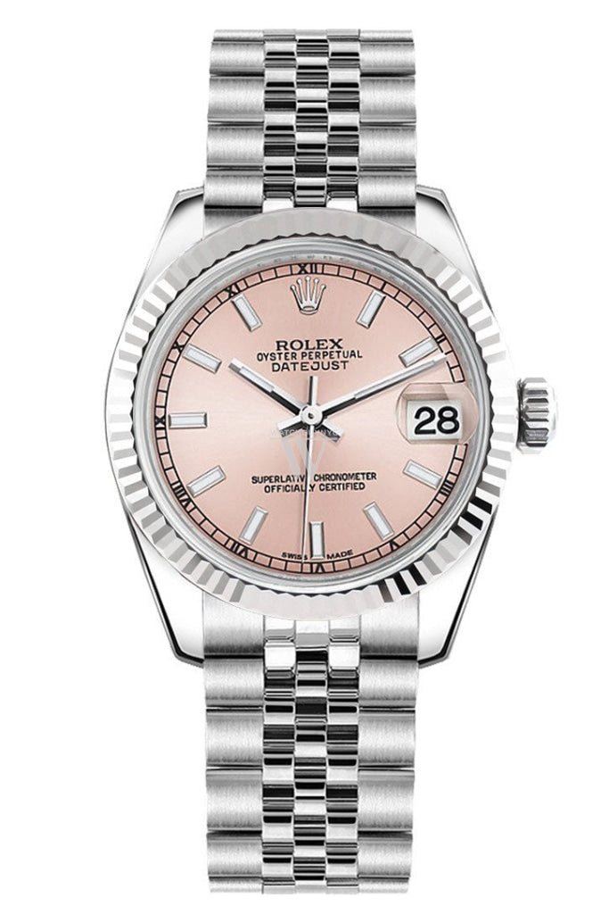Rolex Datejust 31 Pink Dial White Gold Fluted Bezel Jubilee Ladies Watch 178274