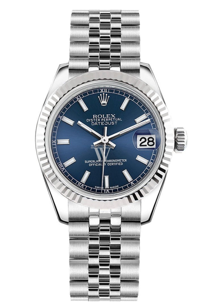 Rolex Datejust 31 Blue Dial White Gold Fluted Bezel Jubilee Ladies Watch 178274