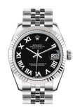 Rolex Datejust 31 Black Roman Dial White Gold Fluted Bezel Jubilee Ladies Watch 178274