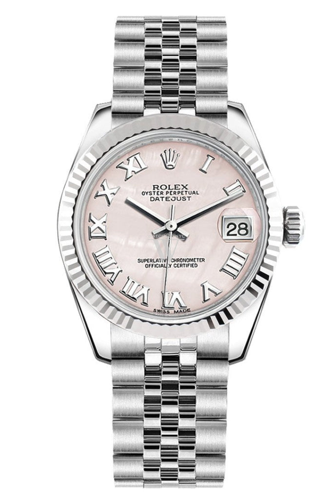 Rolex Datejust 31 Pink Mother Of Pearl Roman Dial White Gold Fluted Bezel Jubilee Ladies Watch