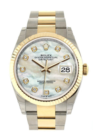 Rolex Datejust 36 White Mother-Of-Pearl Diamonds Dial Fluted Bezel Oyster Yellow Gold Two Tone Watch