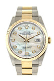 Rolex Datejust 36 White mother-of-pearl Diamonds Dial Fluted Bezel Oyster Yellow Gold Two Tone Watch 126233 NP