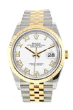 Rolex Datejust 36 White Roman Dial Fluted Bezel Jubilee Yellow Gold Two Tone Watch 126233 NP